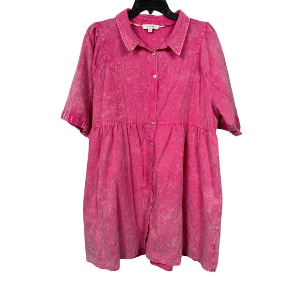 Umgee Washed Babydoll Dress 1X Pink Short Sleeve Button Front Cotton Boho - Picture 2 of 13
